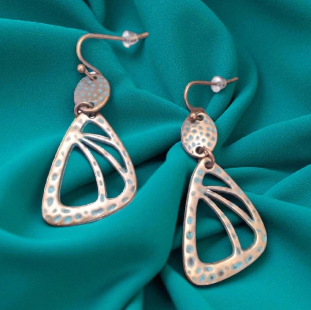 Hammered Copper Verdigris Patina Drop Earrings